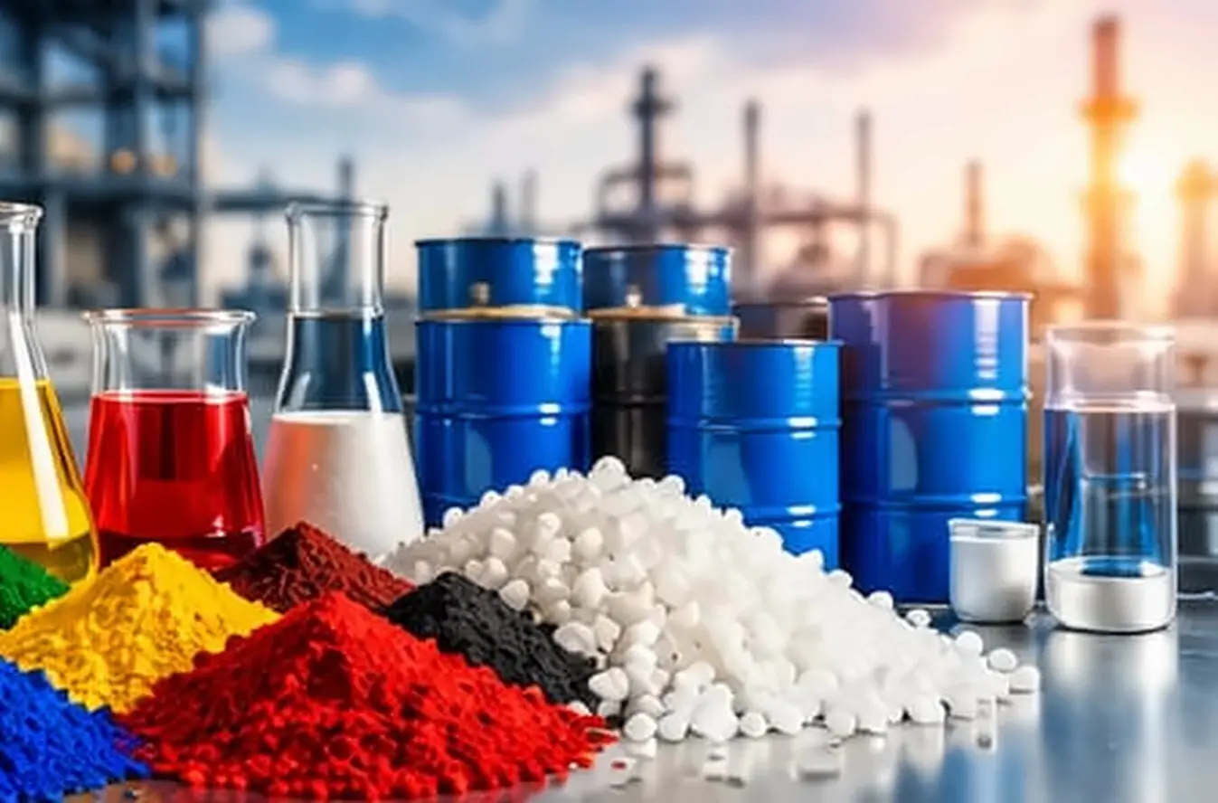 Colourful industrial pigments, resin pellets and blue chemical drums