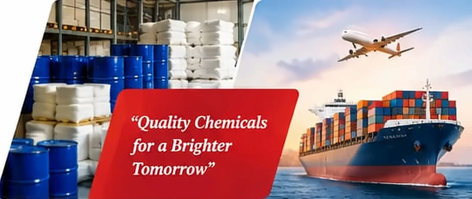 A warehouse of chemical drums and bags, with a cargo ship and an aircraft